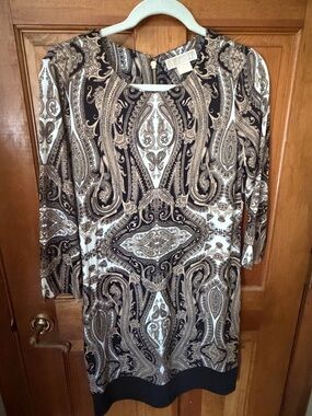 Michael Kors Paisley Print Dress Size 6 Black Beige Gold Zip Back Stretch Knit